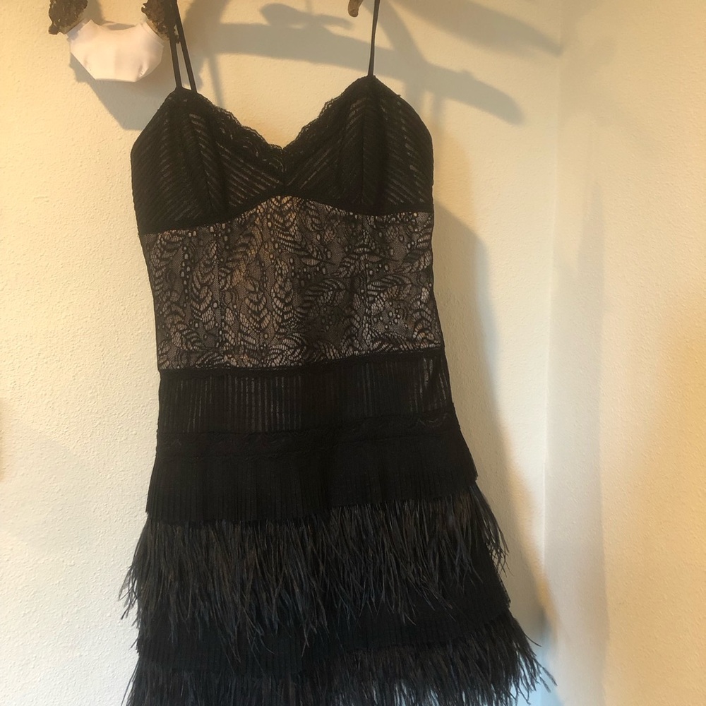 BCBGMaxAzria Black Lace & Feather Tiered Mini Dress